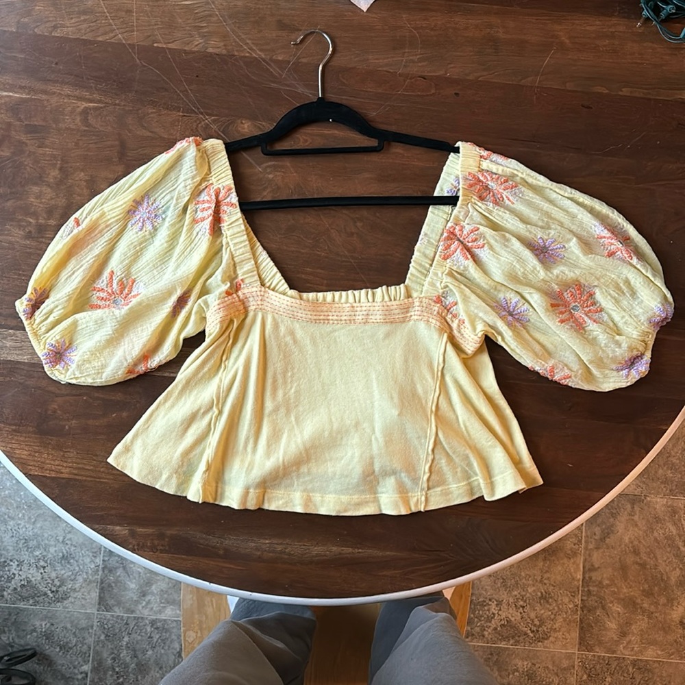 Size S, Urban Outfitters yellow crop top with purple and orange trim/embroidery